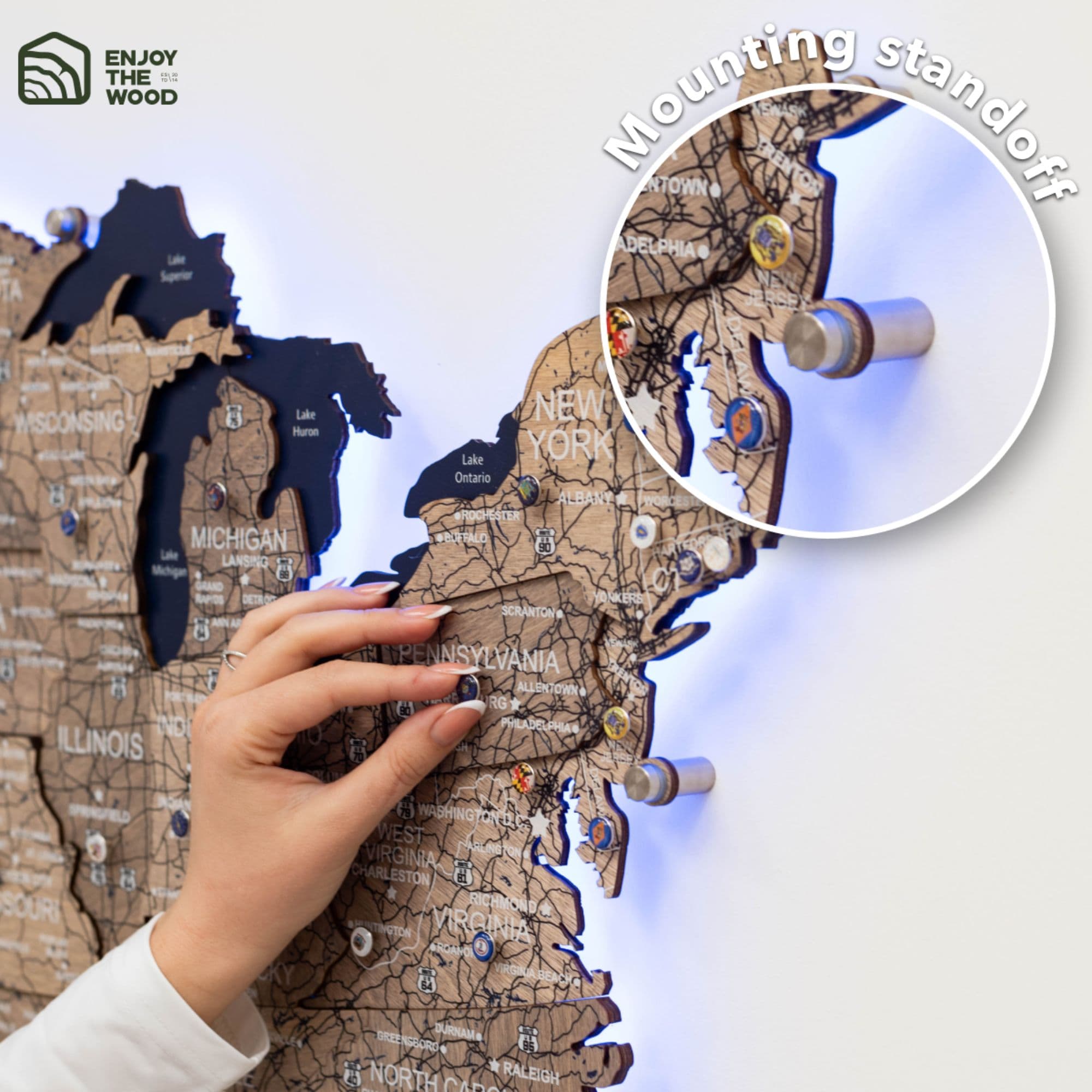 Wooden 3D LED Map of USA Terra - Earthy Laser-Cut Wall Decor