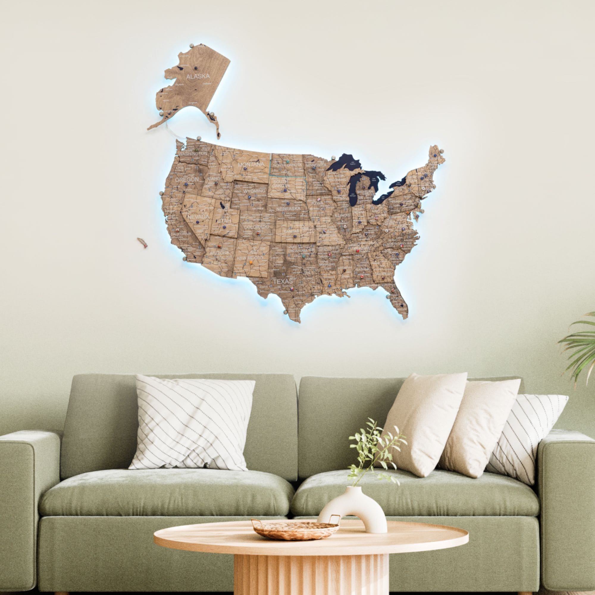 Wooden 3D LED Map of USA Terra - Earthy Laser-Cut Wall Decor