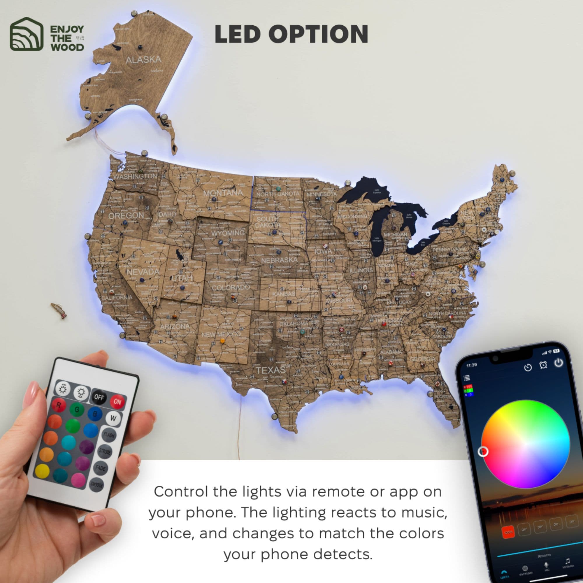 Wooden 3D LED Map of USA Terra - Earthy Laser-Cut Wall Decor