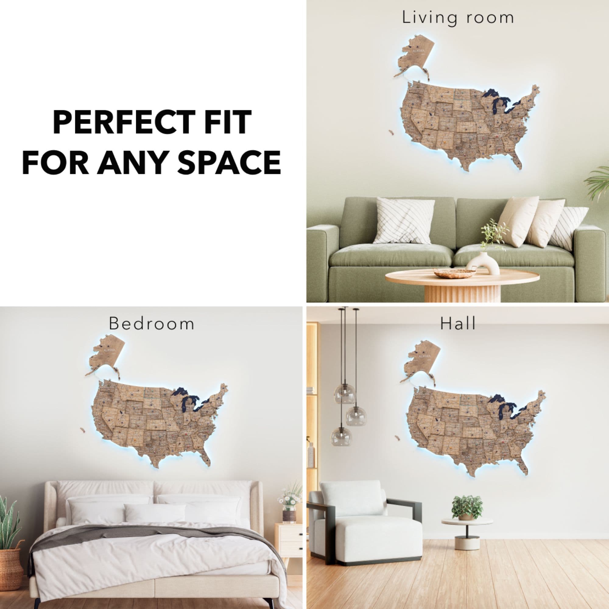 Wooden 3D LED Map of USA Terra - Earthy Laser-Cut Wall Decor