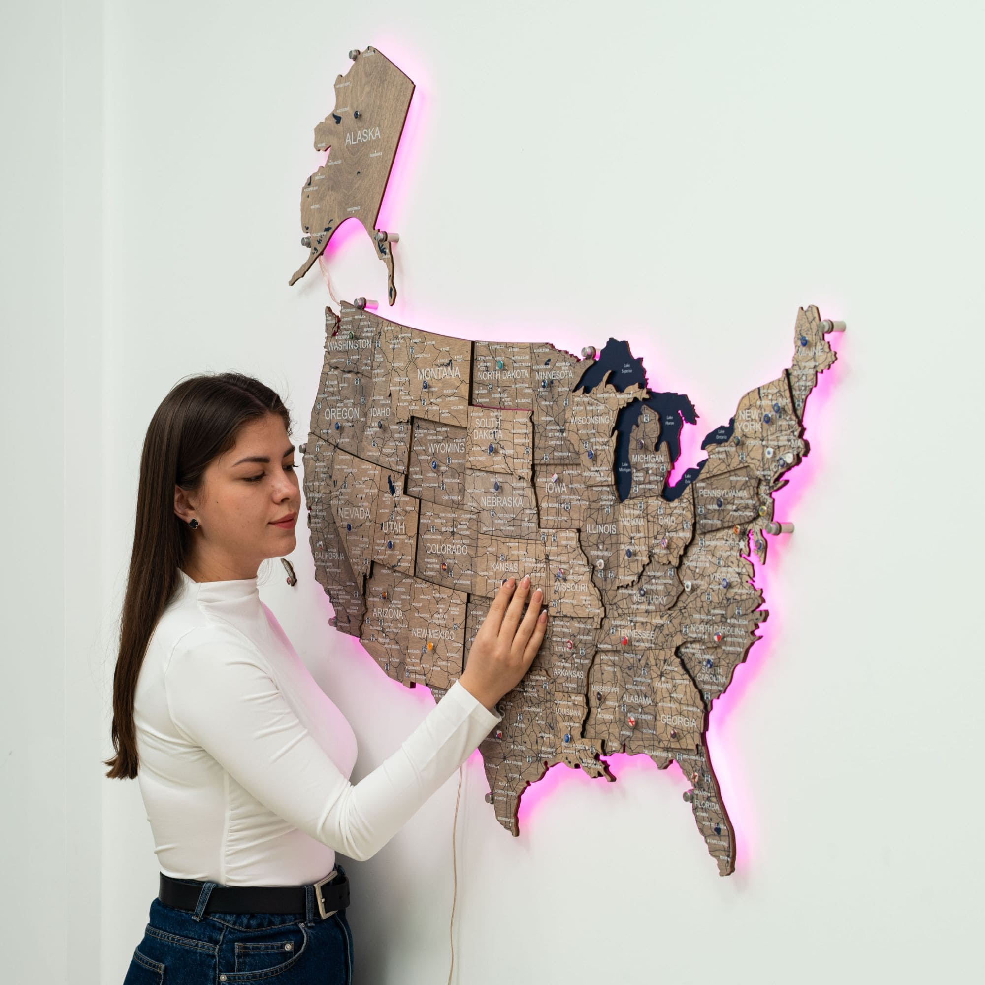 Wooden 3D LED Map of USA Terra - Earthy Laser-Cut Wall Decor