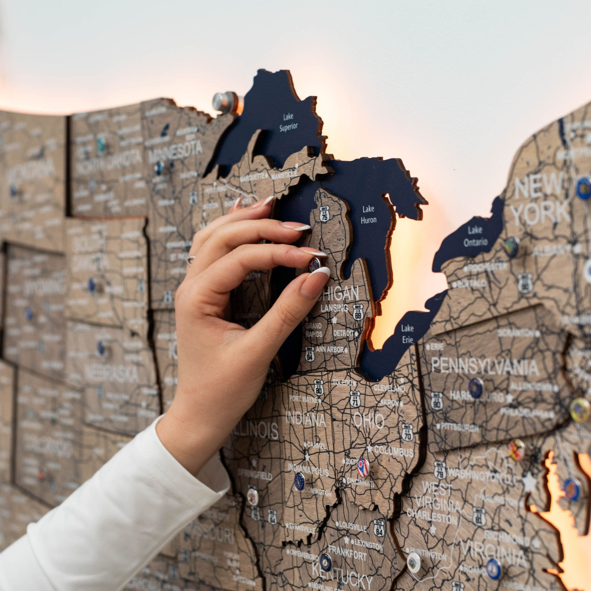 Wooden 3D LED Map of USA Terra - Earthy Laser-Cut Wall Decor