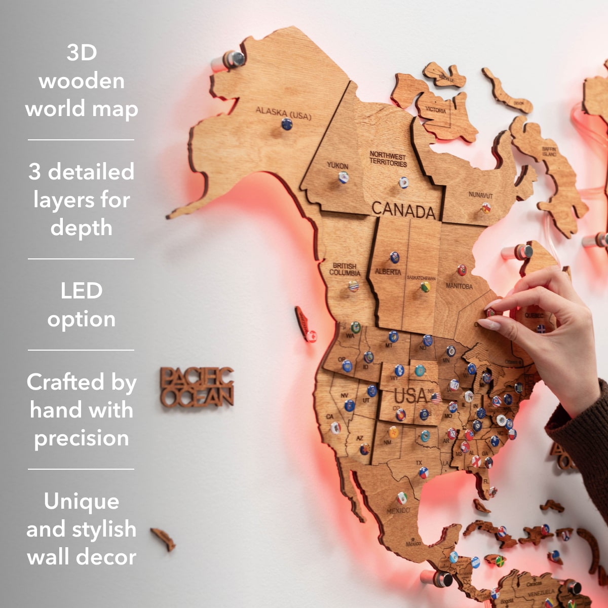 3D LED Wooden World Map 3.0 Oak Interactive Wall Art Decor