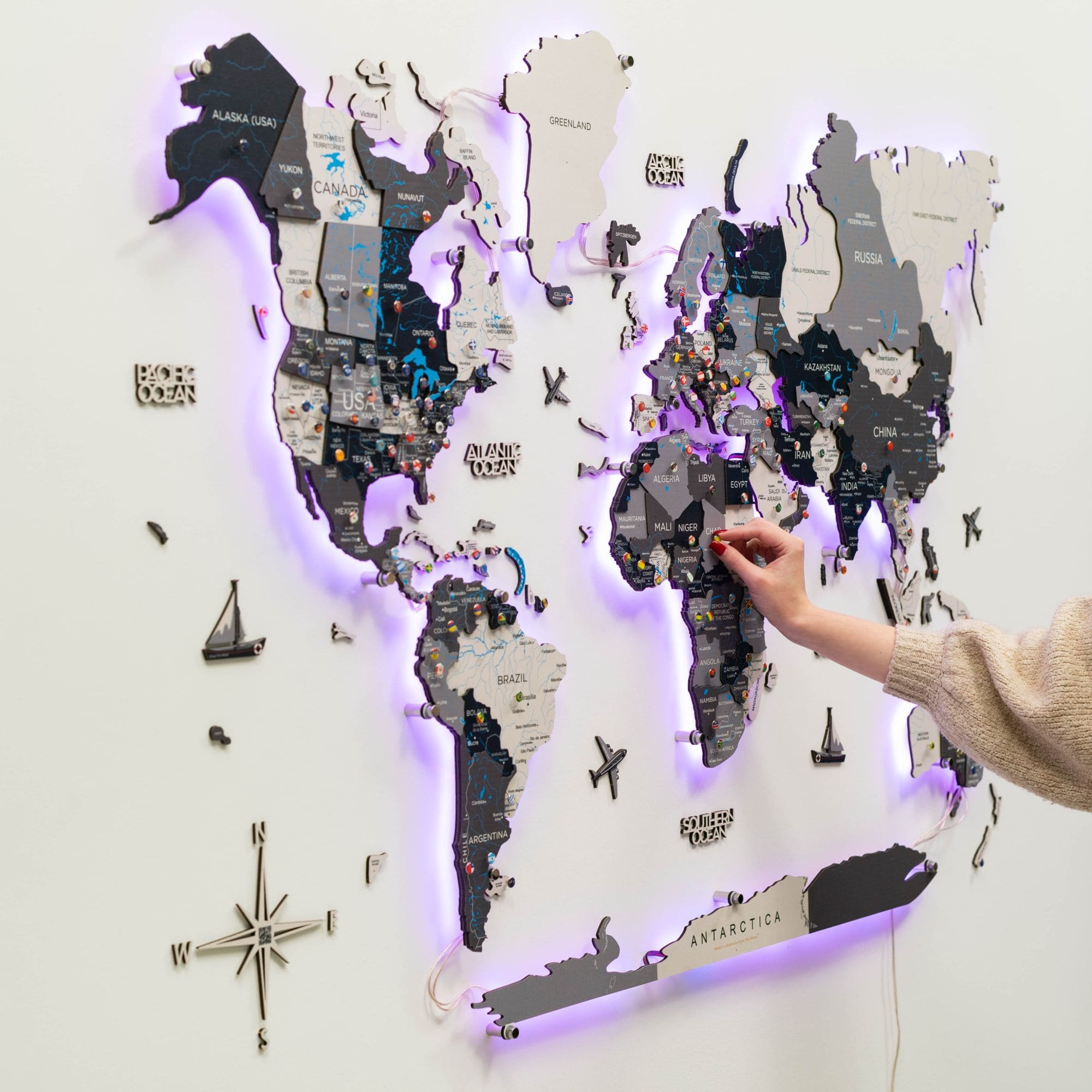 3D LED Wooden World Map Wall Art with Interactive Smart Backlight