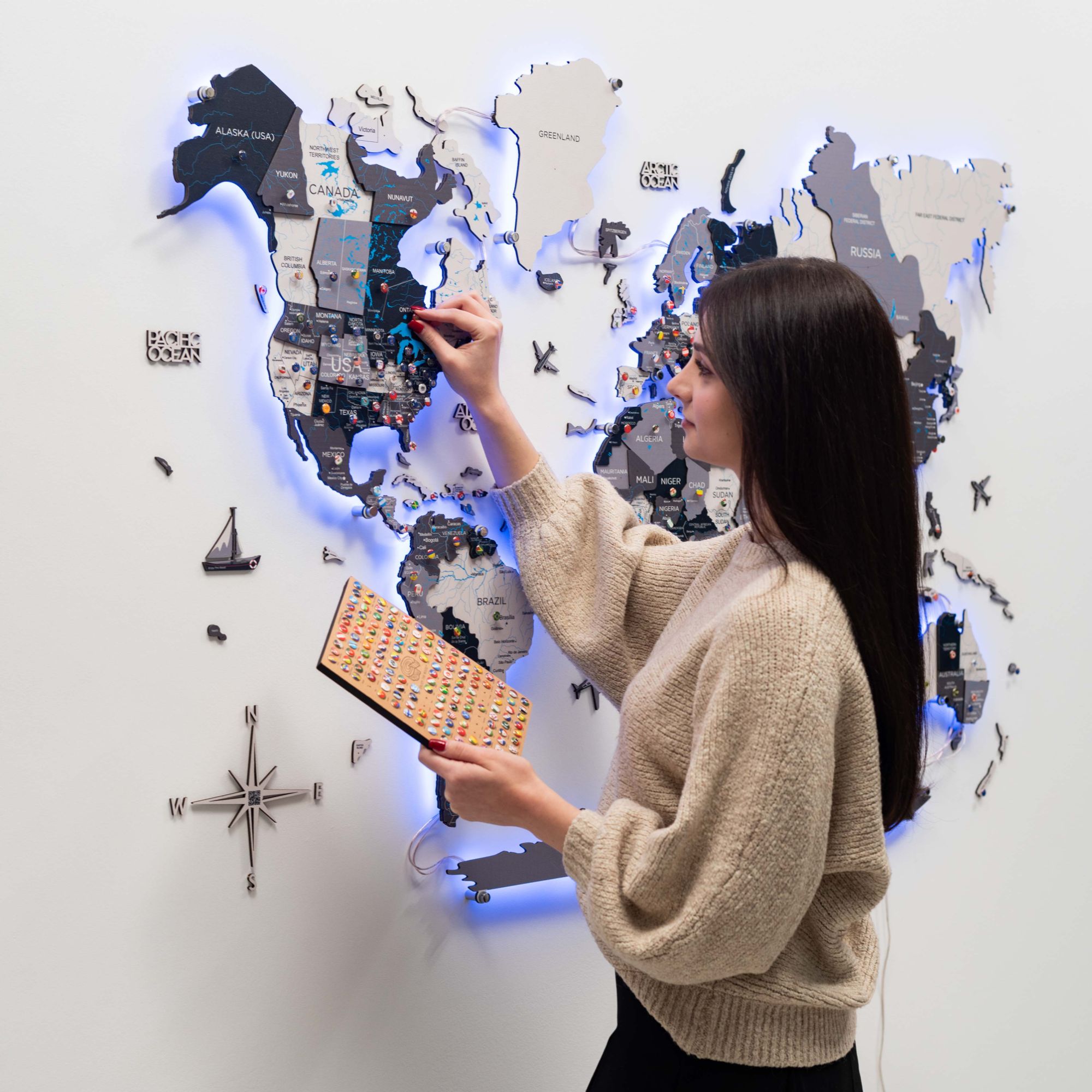 3D LED Wooden World Map Wall Art with Interactive Smart Backlight