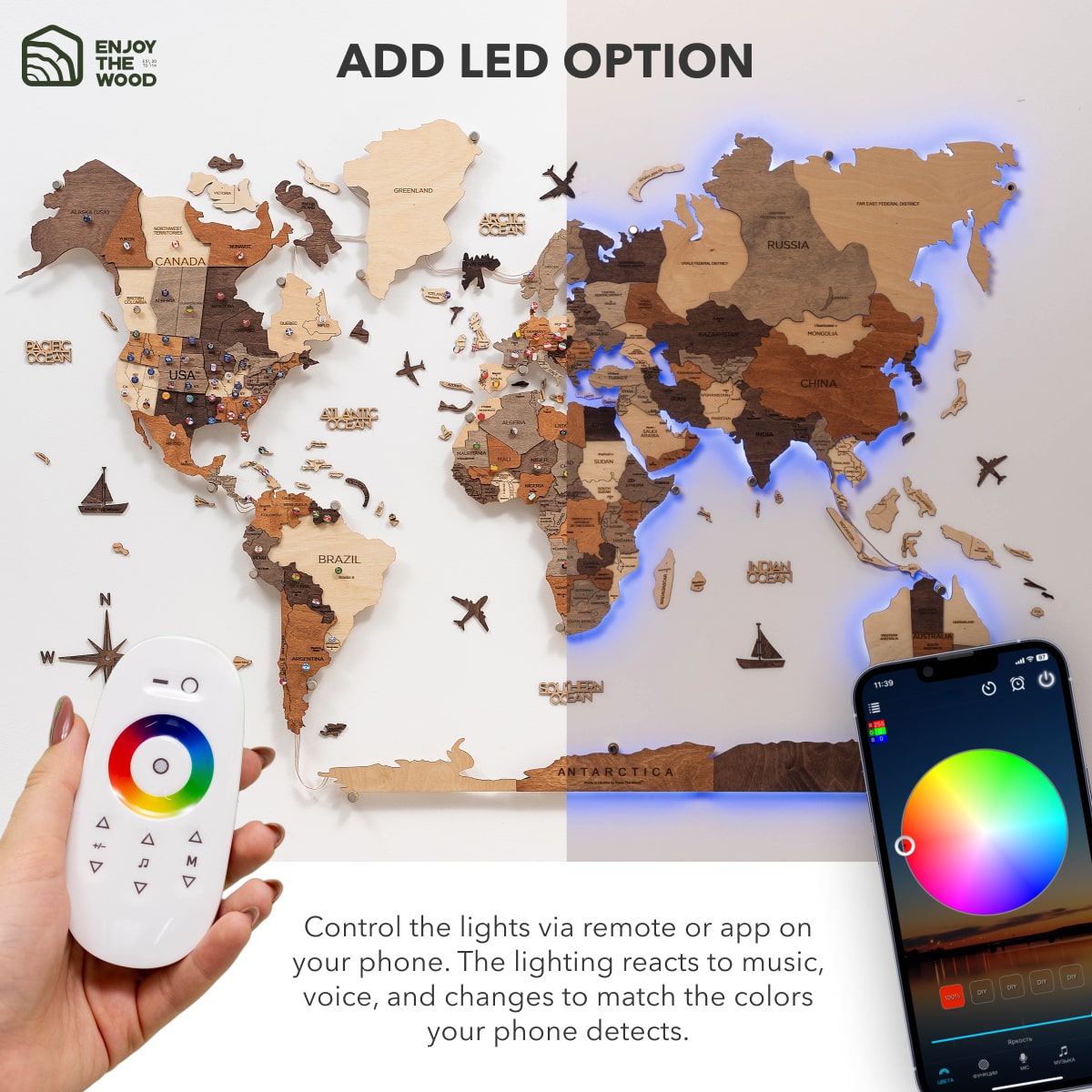 3D LED Wooden World Map 3.0 Multicolor Modern Wall Art