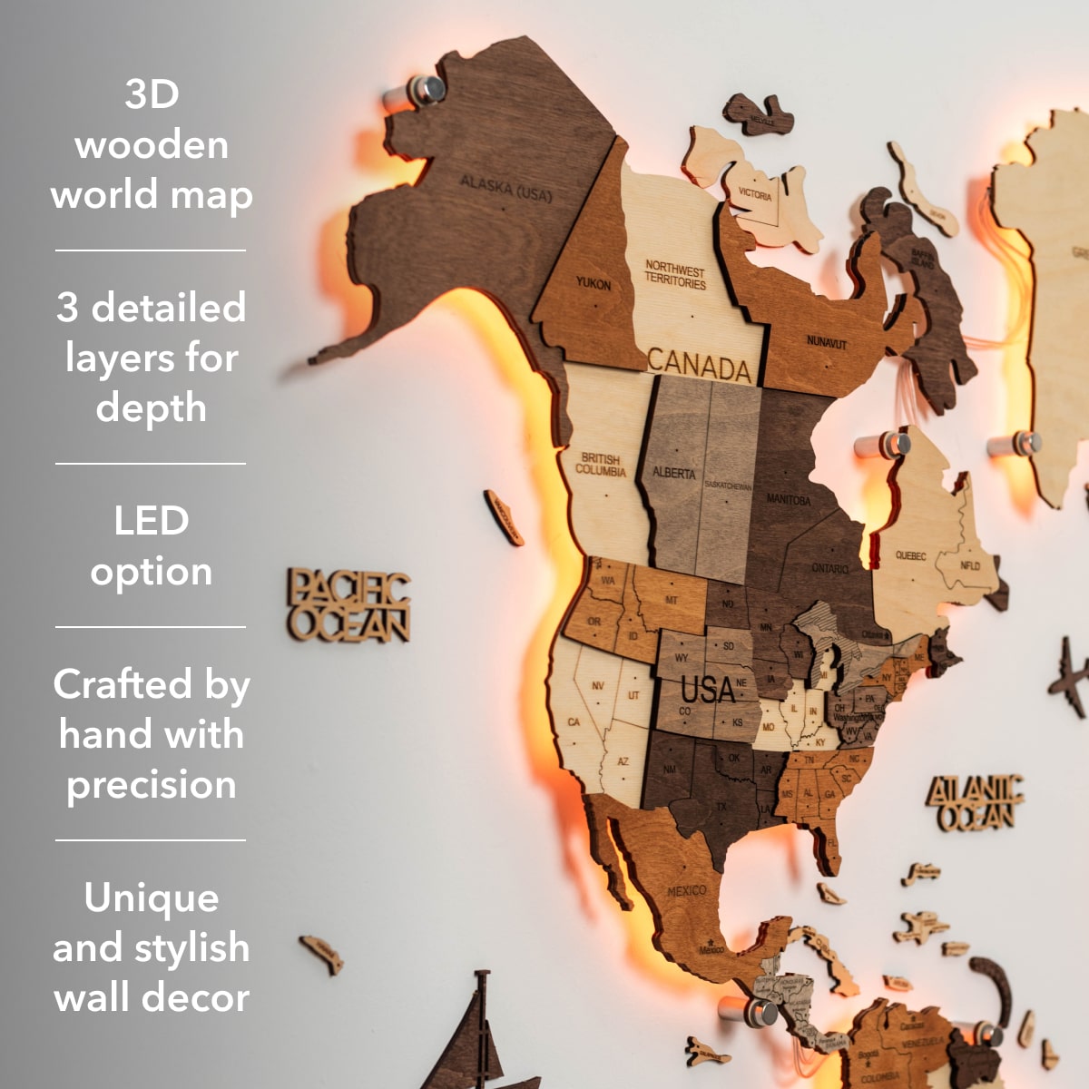 3D LED Wooden World Map 3.0 Multicolor Modern Wall Art