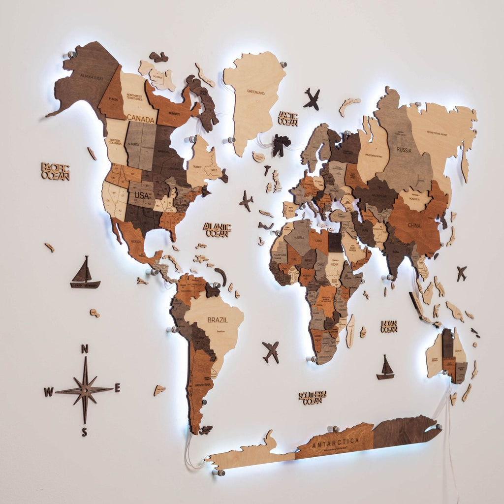 3D LED Wooden World Map 3.0 Multicolor Modern Wall Art