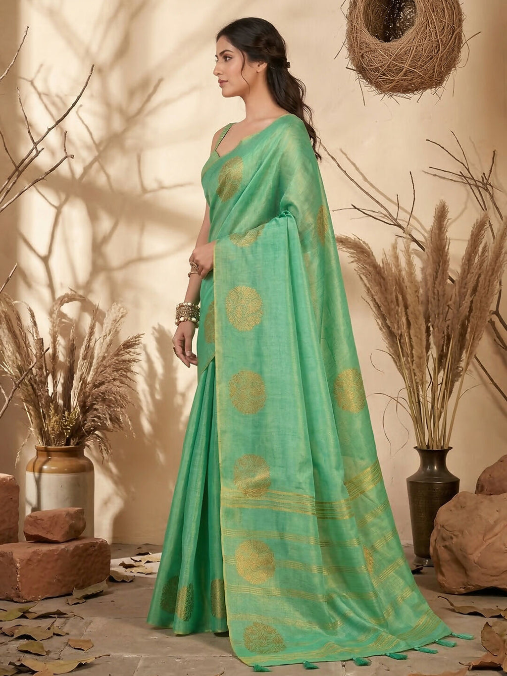 Elegant Green Tissue Silk Saree with Matching Blouse