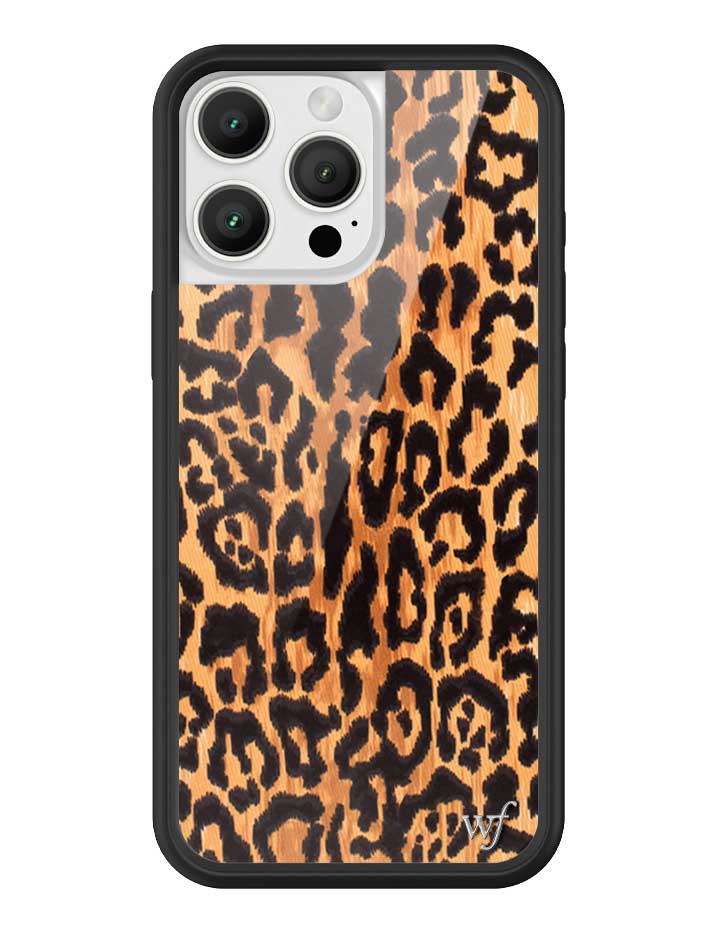 Leopard print iPhone case featuring a black sandblasted bumper and silver wf emblem