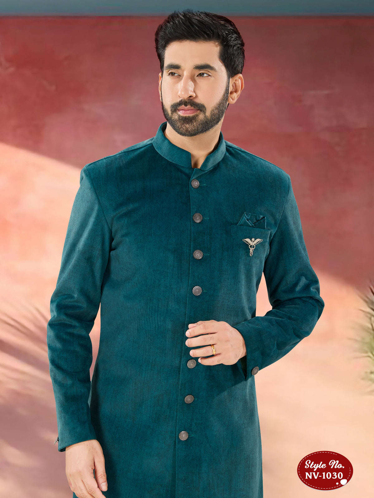 Men's Blue Indo-Western Kurta Set in Swed Velvet with Embroidery