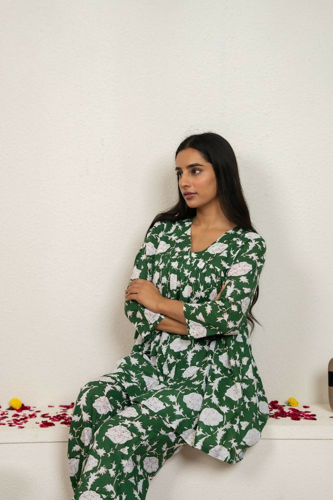 Green Hand Block Printed Cotton Co-Ord Set for Women