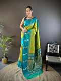 Teal Banarasi silk saree featuring peacock butti pattern and unstitched blouse