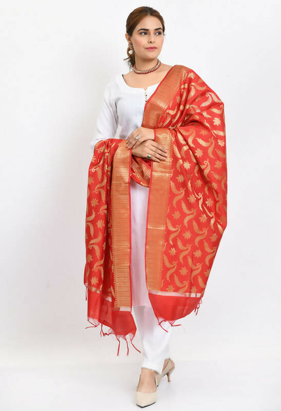Red Banarsi Silk Dupatta with Intricate Floral Woven Design