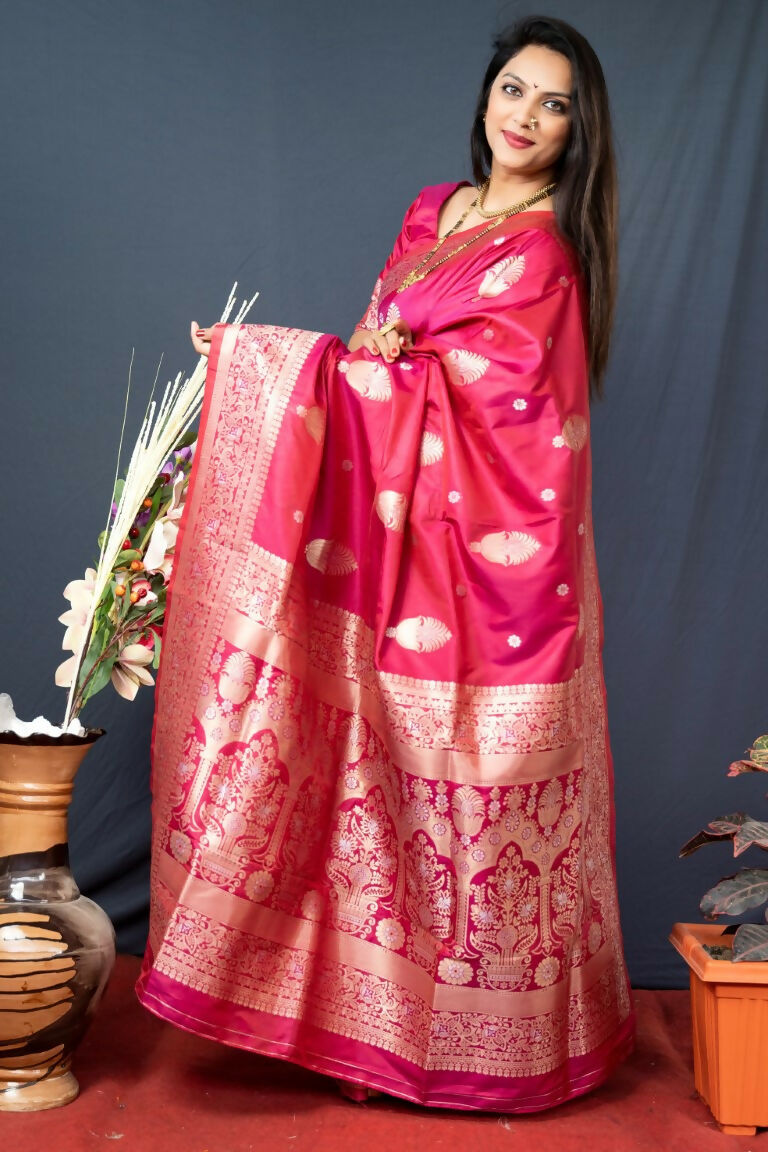 Gajri Red Paithani Silk Saree with Zari Woven Border and Blouse