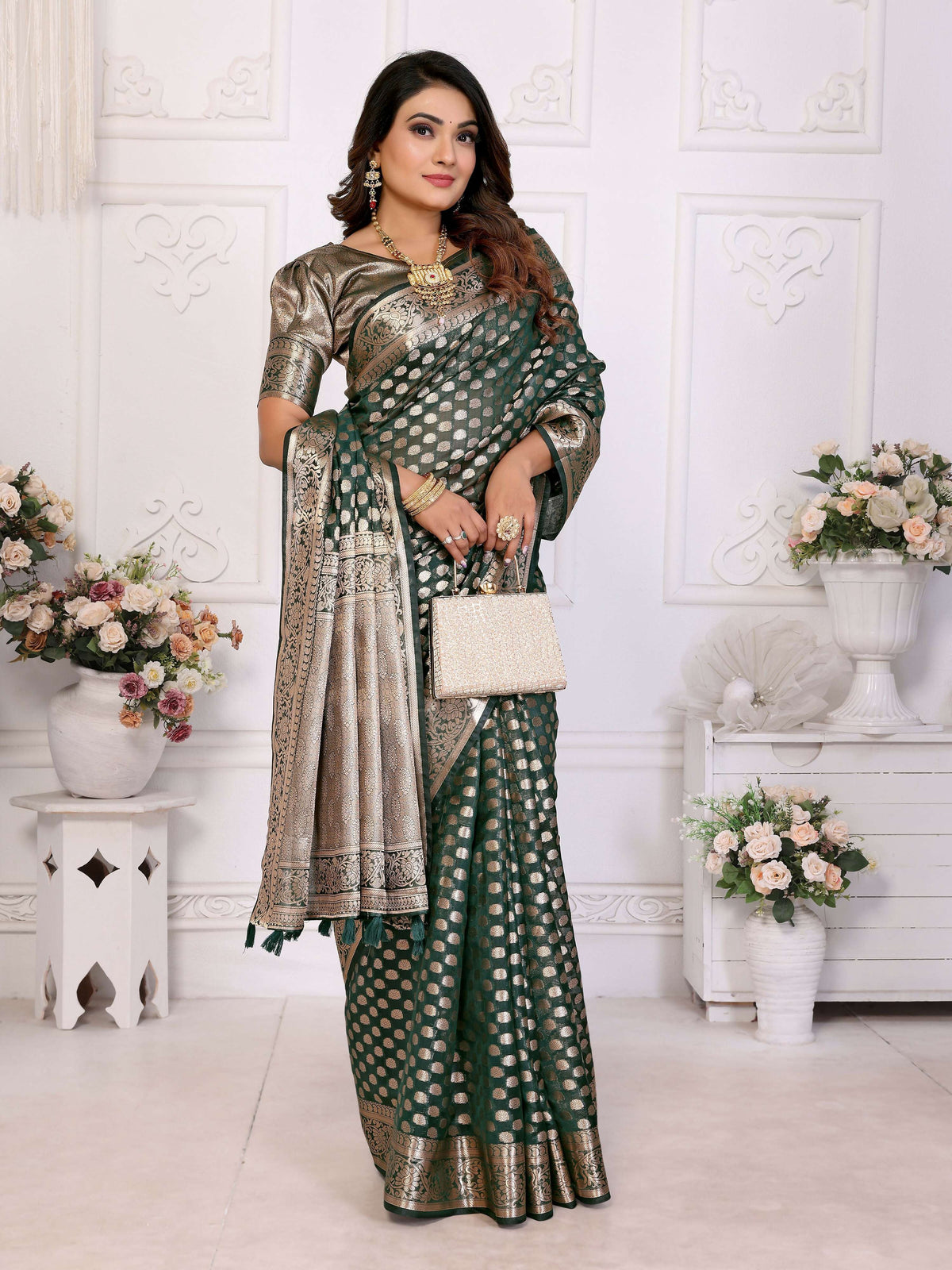Dark Green Organza Silk Saree with Classic Weaving
