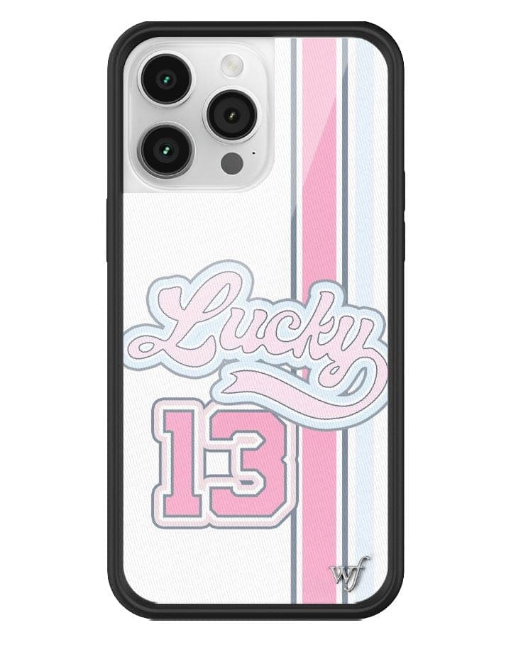 Lucky Girl iPhone case featuring baby blue and bubbly pink stripes with the text Lucky 13 in a sporty font.