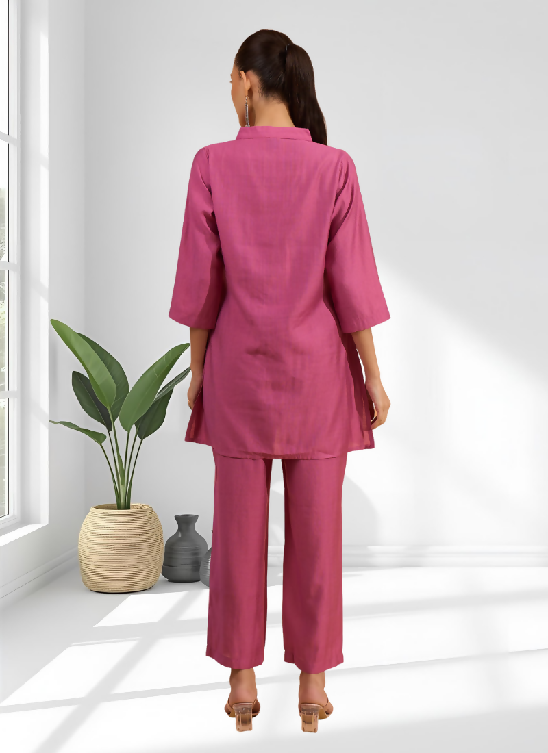 Pink Silk Embroidered V-Neck Co-ord Set