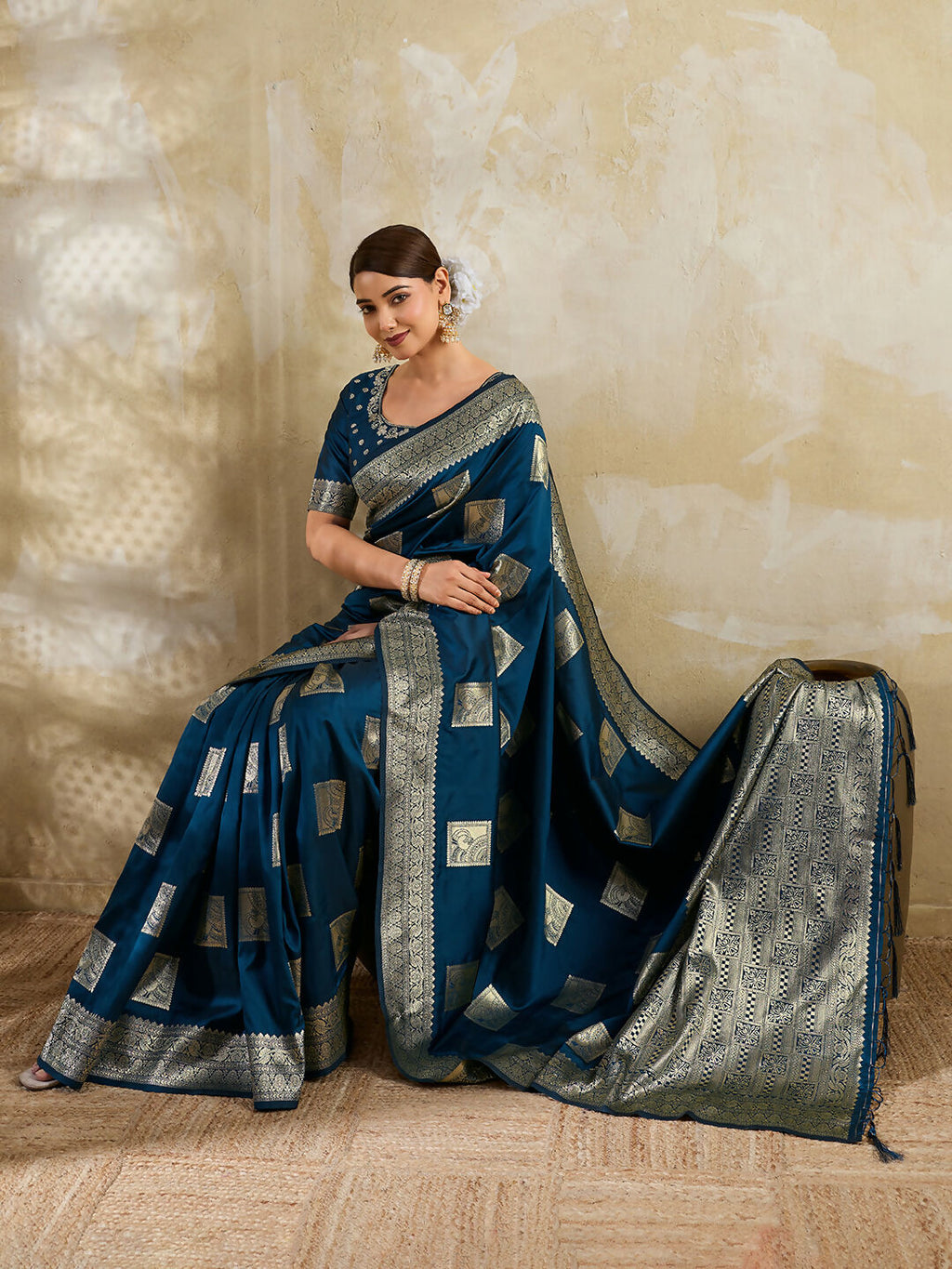 Teal Blue Silk Blend Saree with Matching Blouse Piece