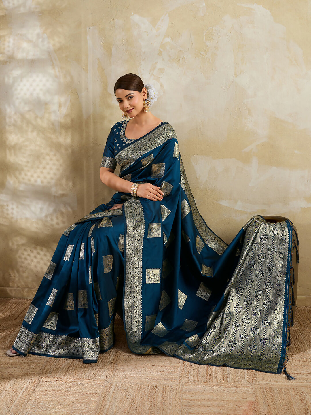 Teal Blue Silk Blend Saree with Matching Blouse Piece