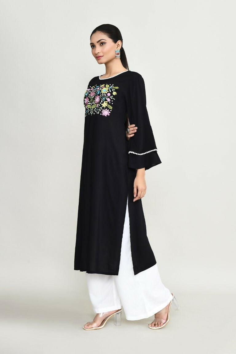 Black Rayon Tunic with Elegant Embroidery