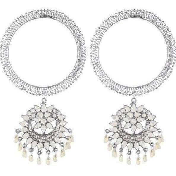 A pair of stylish white latkan bangles with delicate hanging details for party wear