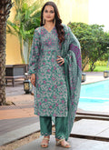 Teal Green cotton silk salwar suit featuring floral prints and sequin thread embroidery