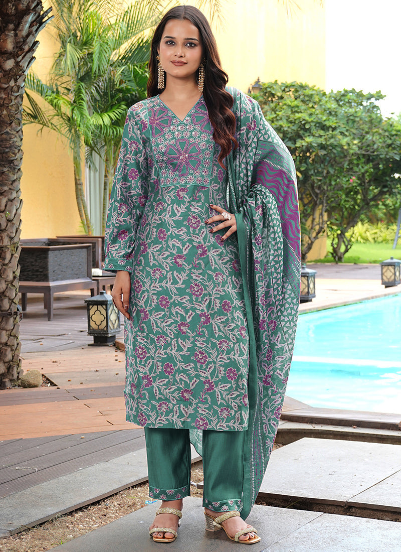 Teal Green cotton silk salwar suit featuring floral prints and sequin thread embroidery