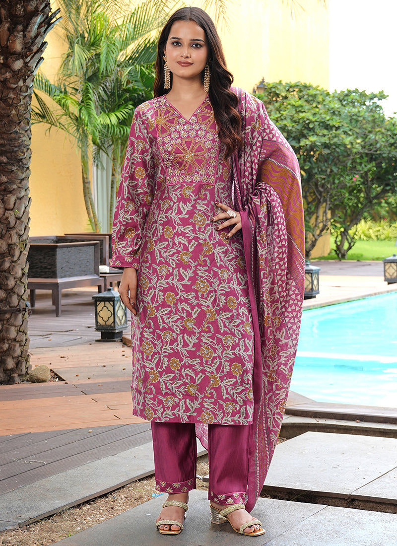 Maroon cotton silk salwar suit with floral print and thread sequence embroidery