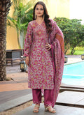 Maroon cotton silk salwar suit with floral print and thread sequence embroidery