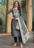Elegant grey art silk kurti with sequins, thread embroidery, and matching pants