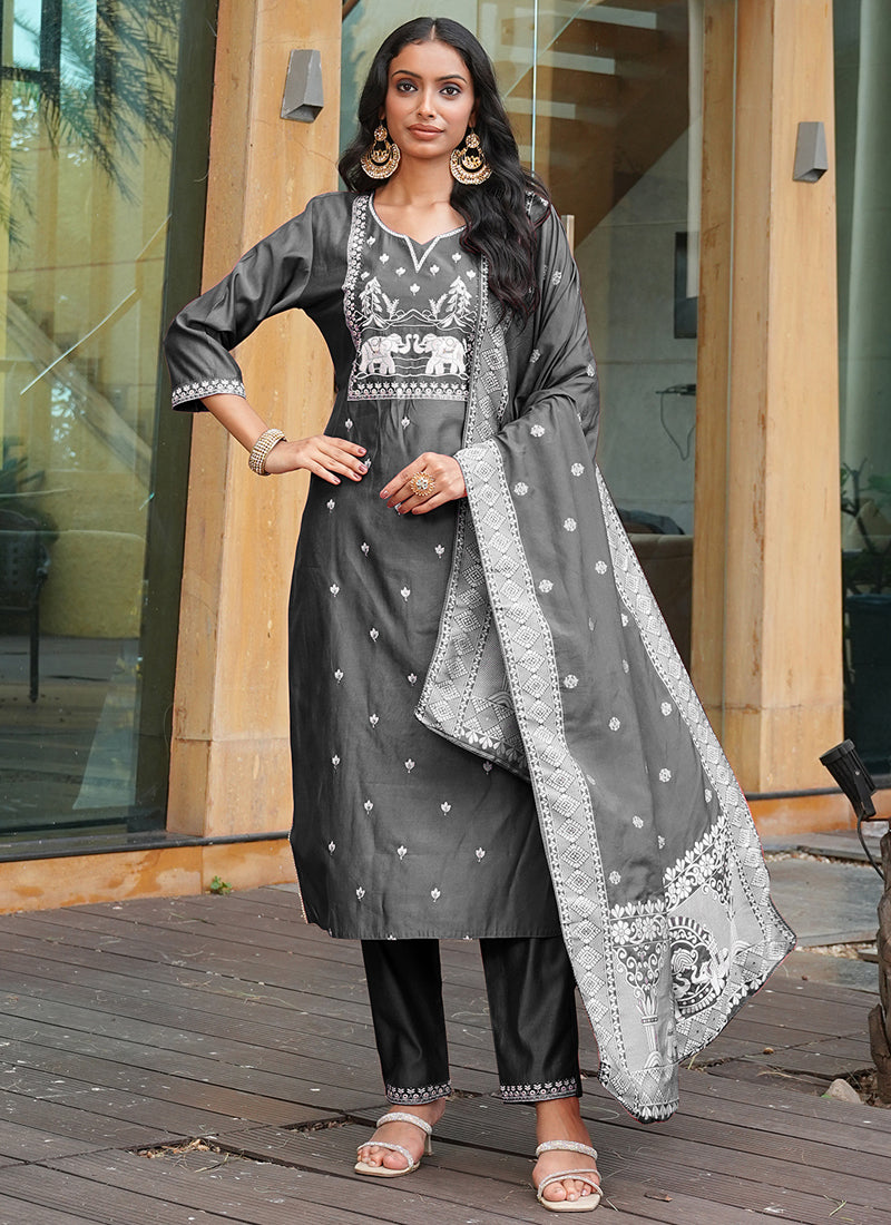 Elegant grey art silk kurti with sequins, thread embroidery, and matching pants