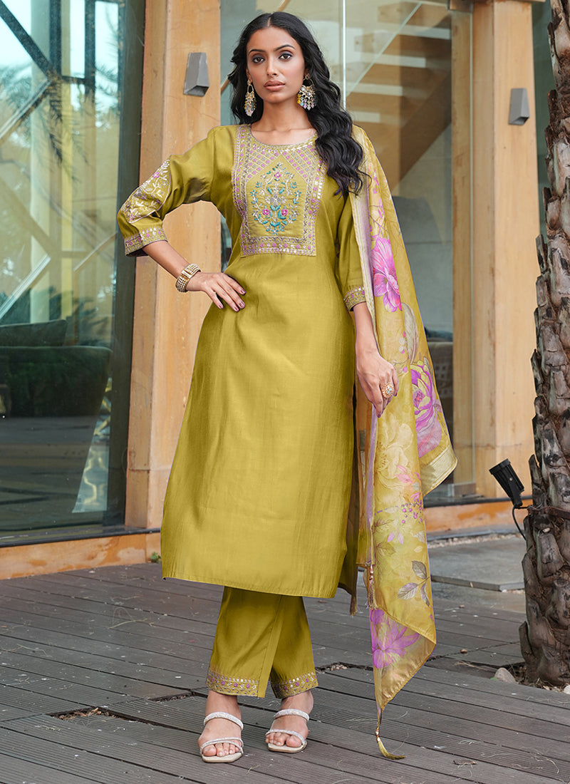 Yellow Cotton Silk Salwar Suit with intricate thread, sequin, and Kodi latkan embroidery