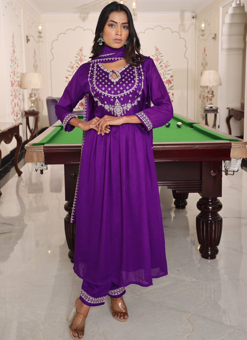 Purple Soft Silk Embroidered Sequence Designer Salwar Suit Set