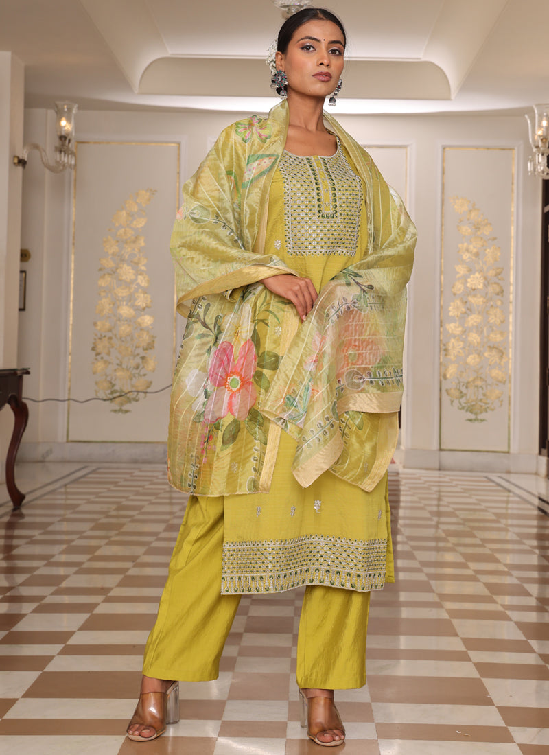 Yellow Cotton Silk Salwar Suit with Thread and Sequin Embroidery
