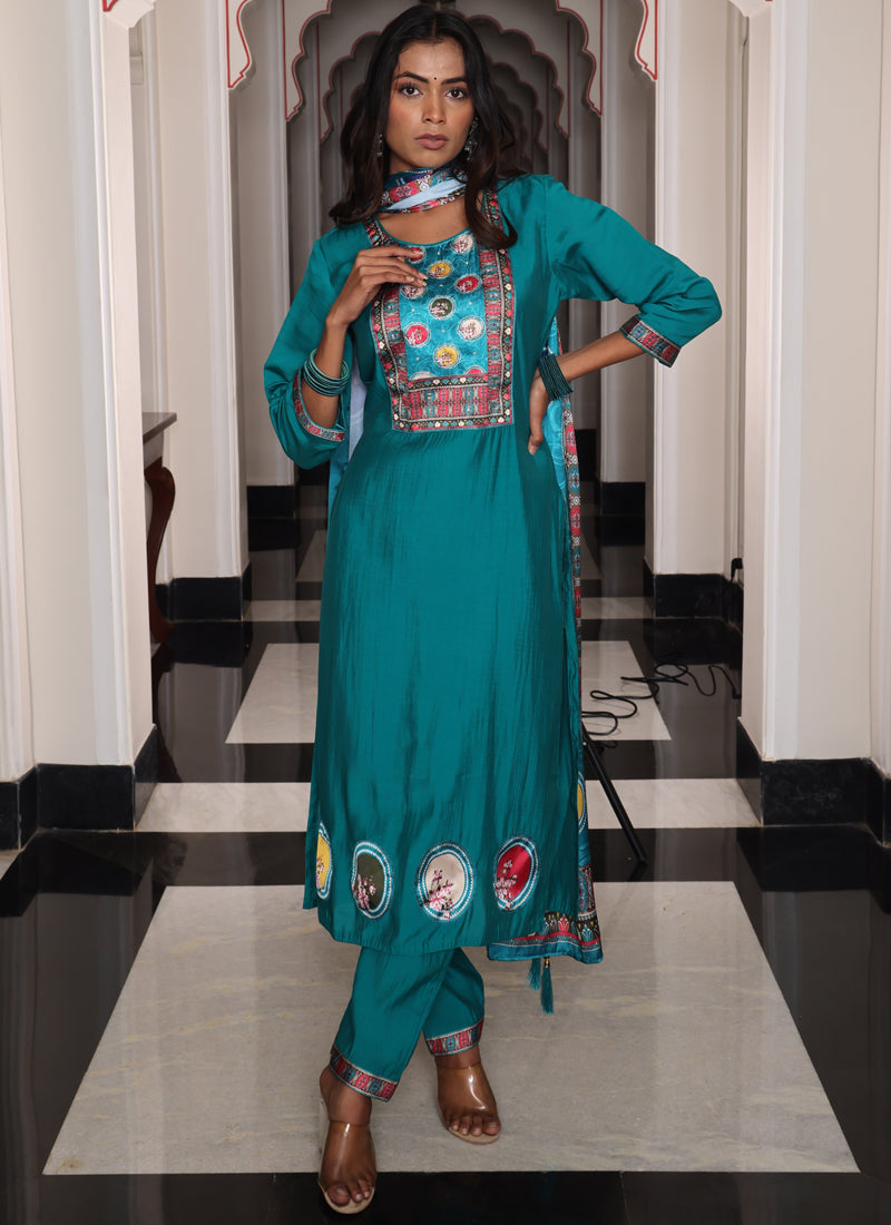 Teal Blue Viscose Shimmer Thread Embroidered Salwar Suit Set