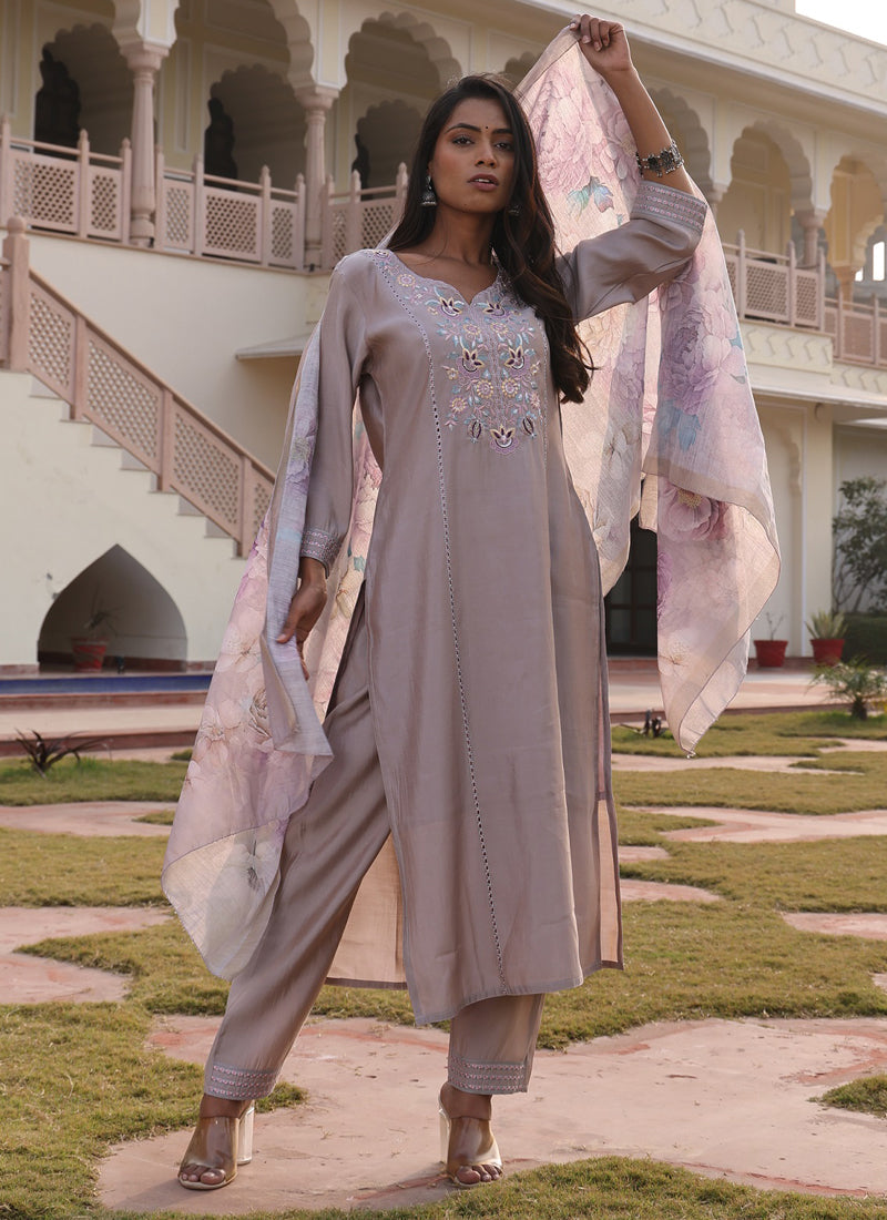 Beige cotton silk salwar suit with intricate thread and sequin embroidery