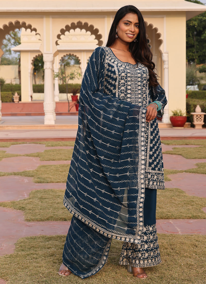 Rama Georgette Salwar Suit with detailed thread and chain stitch embroidery