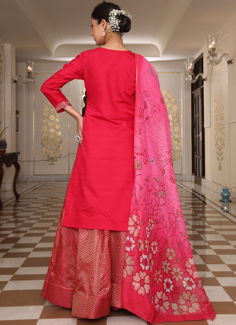 Pink Cotton Silk Embroidered Lehenga Style Suit with Sequins