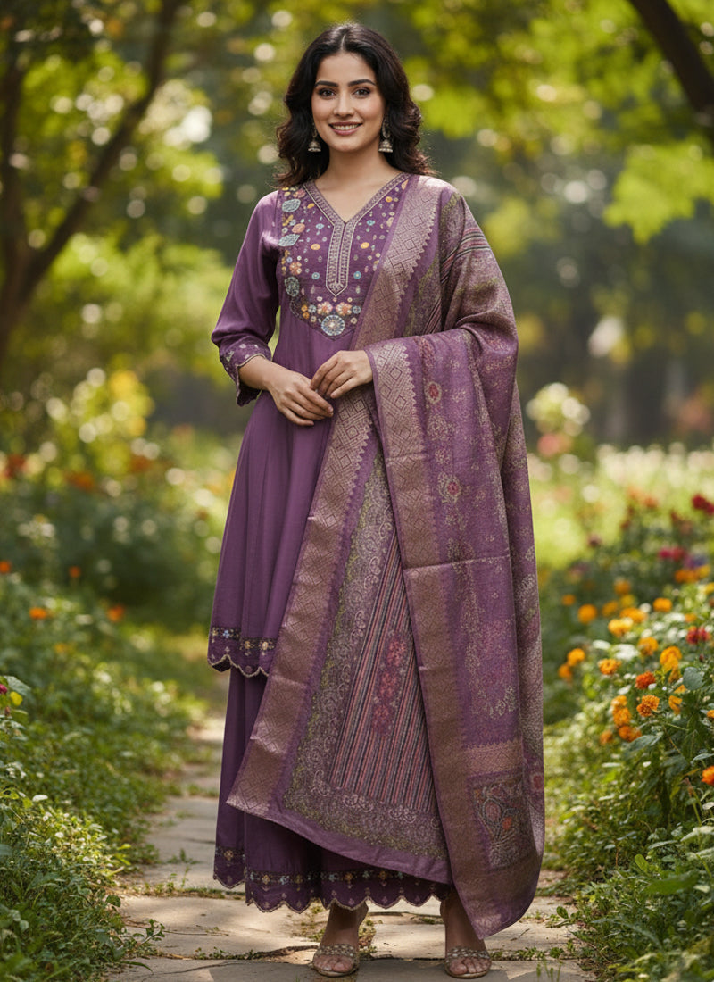 Purple Cotton Silk designer palazzo suit with sequins, thread embroidery, and handwork detailing.