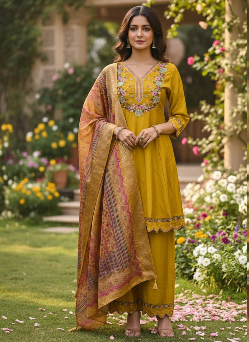 Yellow cotton silk palazzo suit featuring intricate thread and sequins embroidery, designer ethnic wear.