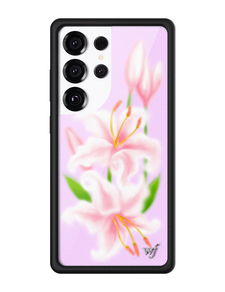 Sweet Lily floral print phone case on a lilac background with a black rubber bumper for Samsung Galaxy
