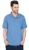 Men wearing a solid color short sleeve pique knit polo shirt with a chest pocket and button placket