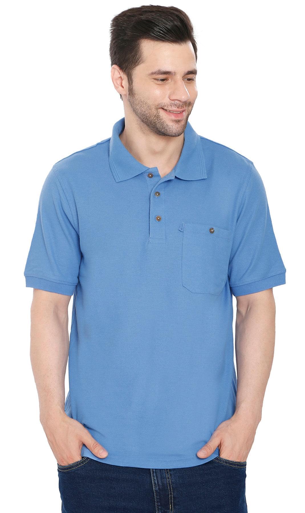 Men wearing a solid color short sleeve pique knit polo shirt with a chest pocket and button placket