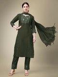 Women's dark green cotton blend straight kurta featuring embroidery and lace work, includes trousers and dupatta.