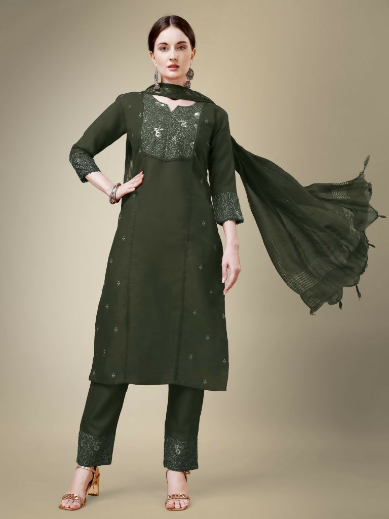 Women's dark green cotton blend straight kurta featuring embroidery and lace work, includes trousers and dupatta.
