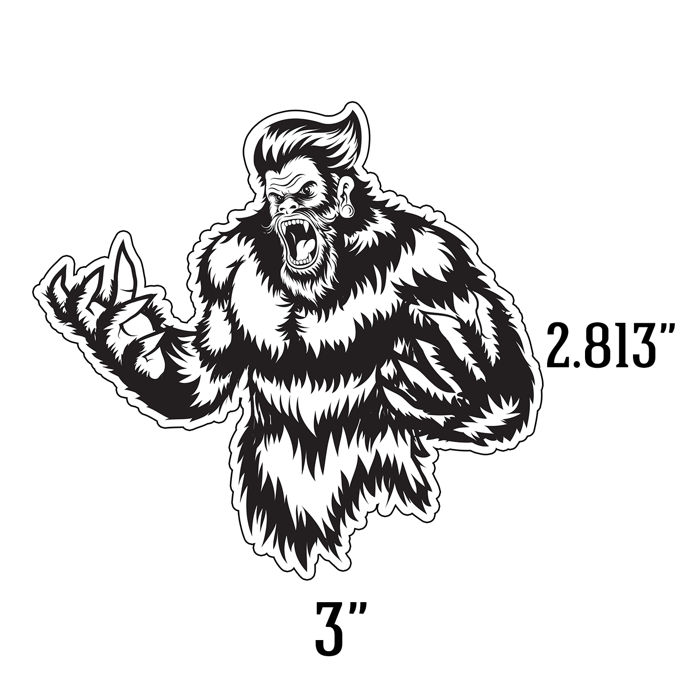 Lil Beast Sasquatch graphic sticker in black and white measuring 3 inches by 2.813 inches