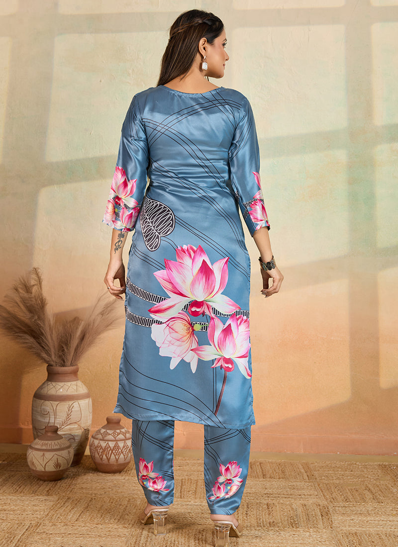 Grey Printed Cotton Rayon Kurta Pant Set