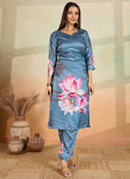 Grey printed cotton rayon kurta and pant set for women.