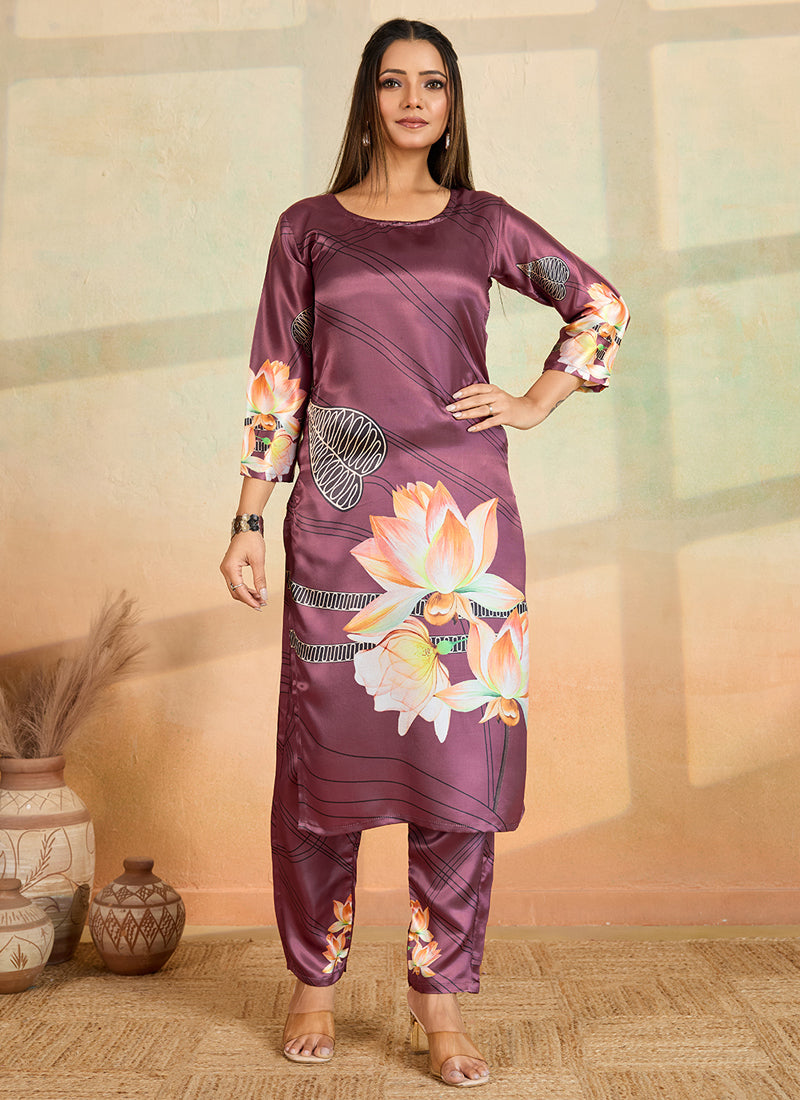 An elegant Onion Pink printed kurta pant set made from soft cotton rayon.